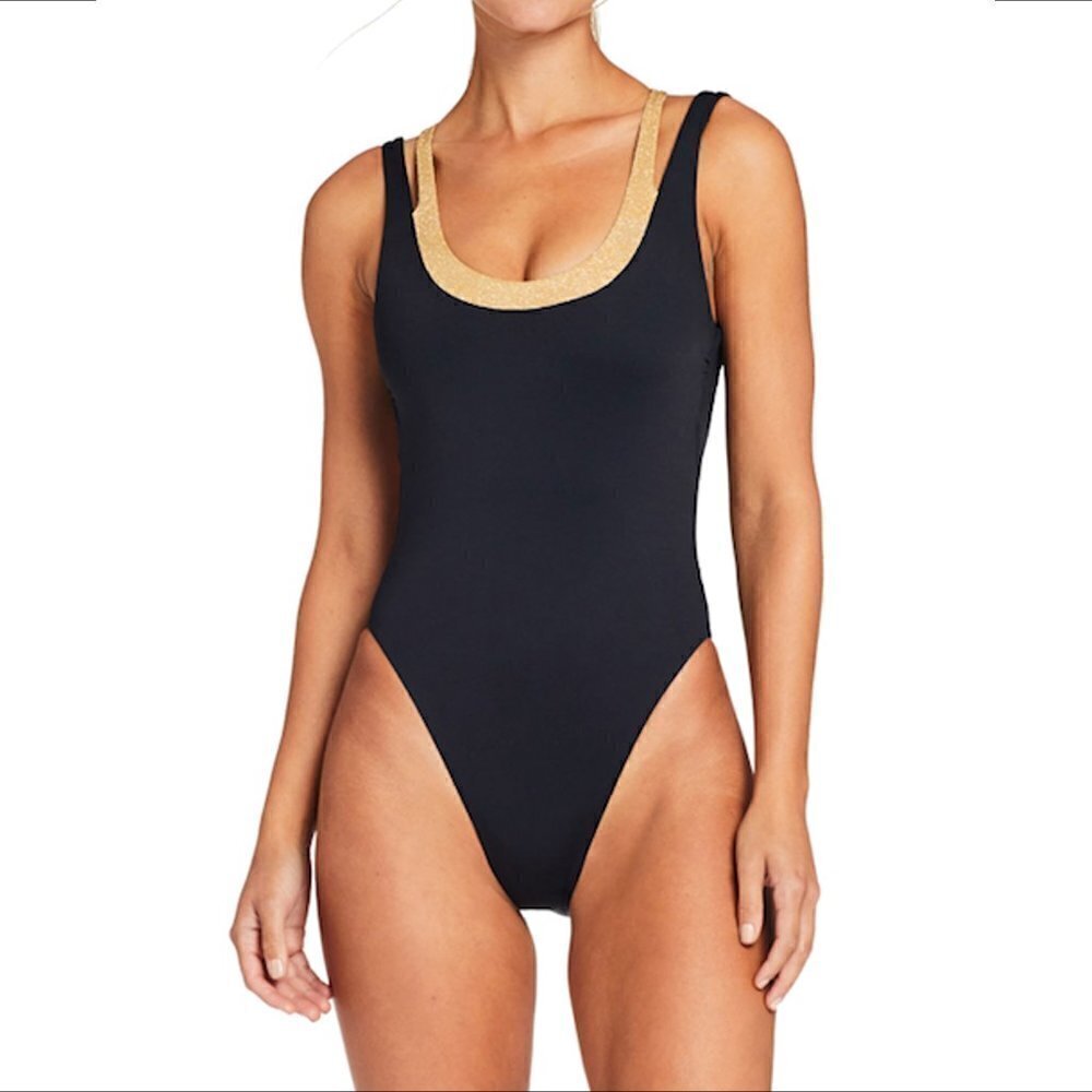 Vitamin A Stardust layered tank one piece swimsuit black gold glitter new 14 DD